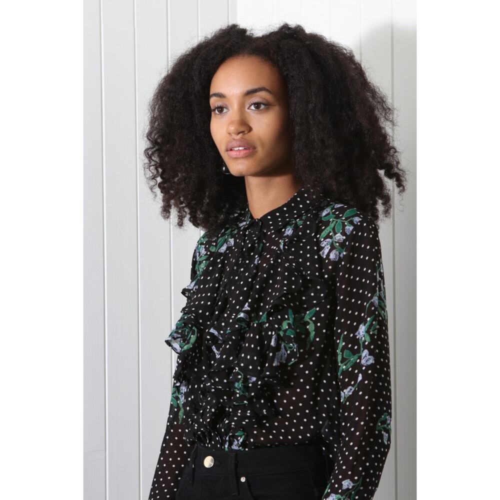 GANNI Rometty Georgette Top Black Polka Dot Floral Green Sz 38/ US M Nice!